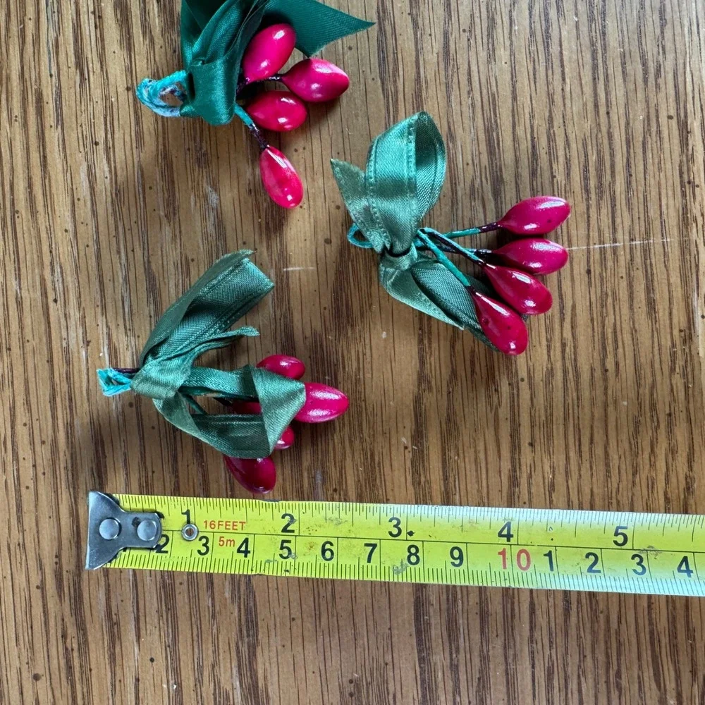 Vintage Berry Sprig Red Holly Berry Green Ribbon Ornaments Vintage‎ MCM Lot of 3